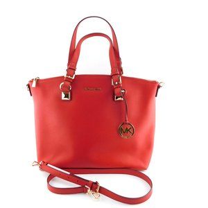 New MICHAEL KORS MK Logo Red Leather Satchel Tote Shoulder Strap Large Bag